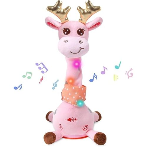 Dancing Talking Giraffe with Golden Antlers Toy, Stuffed Animal Baby Toy Repeating What You Say, Glowing Musical Electronic Giraffe with Golden Anlters Gifts for Toddlers 1-3 Years Old (Pink)