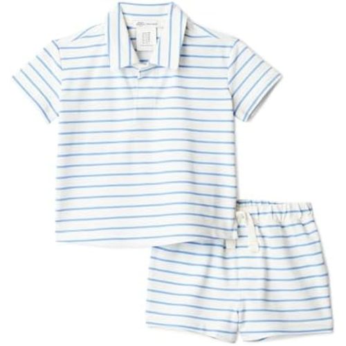 Amazon Essentials x Sofia Grainge Toddlers and Baby Boys' Cotton Pique Short Sleeve Shirt & Shorts Play Set
