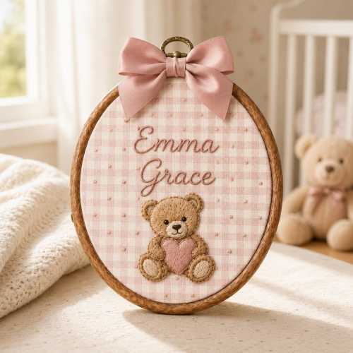 Embroidered Custom Name Sign, Personalized Gingham Fabric Hoop, Newborn Celebration Gift, Baby Shower Gift, Custom Kids Room Decor