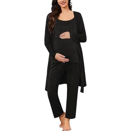 SWOMOG Maternity Nursing Robe Set 3 PCS Postpartum Pajamas Breastfeeding Labor Delivery with Robe & Camisole & Pants