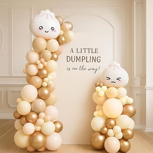 125 Pcs Little Dumpling Baby Shower Decorations - Kawaii Bao Bun First Birthday Themed Balloon Arch Kit, Cream Beige Neutral Balloon Garland Set