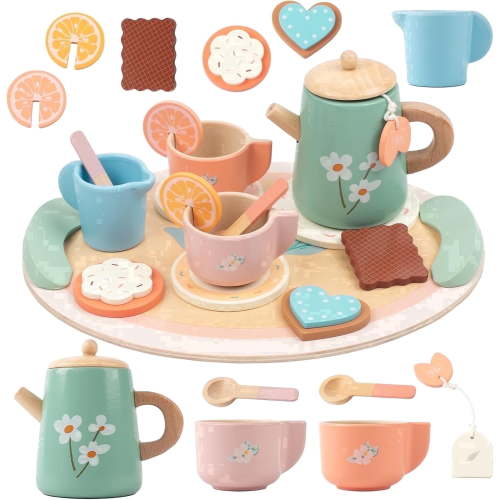BUSY EDITION, Wooden Tea Party Set, 16-piece, Pretend Play Toys