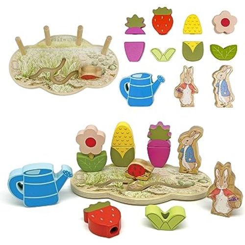 KIDS PREFERRED Peter Rabbit Garden Wooden Montessori Activity Stacker with 12 Wooden Interactive Pieces for Babies, Toddlers and Kids Based on The Beatrix Potter Books