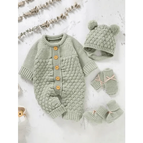 Baby's Button Front Sweater Jumpsuit & Pom Pom Decor Baby Bonnet - TikTok Shop