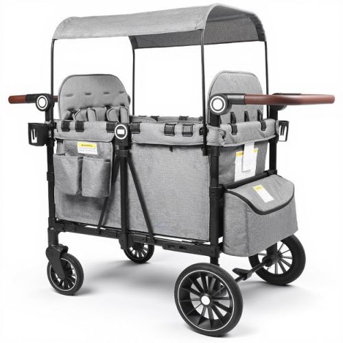 TODECARE 4-Seat Foldable Wagon Stroller with Harnesses, Adjustable Double Push Handle, Canopy, Snack Tray & Storage Bag, Gray