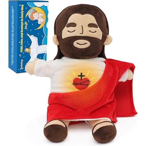 Yelakey Jesus Plush that Breathes, Jesus Stuffed Doll with Glow&Songs, Easter Toy Savior Doll for Church Sunday School Religious Easter Gift for Kids (Brown)