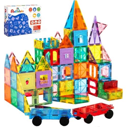 Anbalulu Magnetic Tiles 100PCS with 2 Cars, Set for Kids Ages 3-9