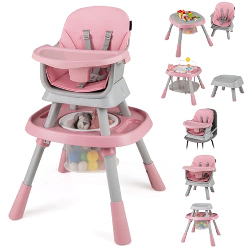 HONEY JOY 16-in-1 Baby High Chair, Convertible Highchair for Babies and Toddlers/Booster Seat/Activity Center with Toys, Building Block Table & Stool, Safety Harness, Removable Cushion & Tray (Pink)