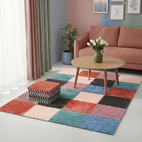 18 Pcs Plush Interlocking Carpet Tiles, 12 x 12 x 0.4 Inch EVA Foam Puzzle Mat Squares, Soft Washable Anti Slip Floor Mat for Bedroom, Nursery, Playroom, Living Room, Morandi Colors