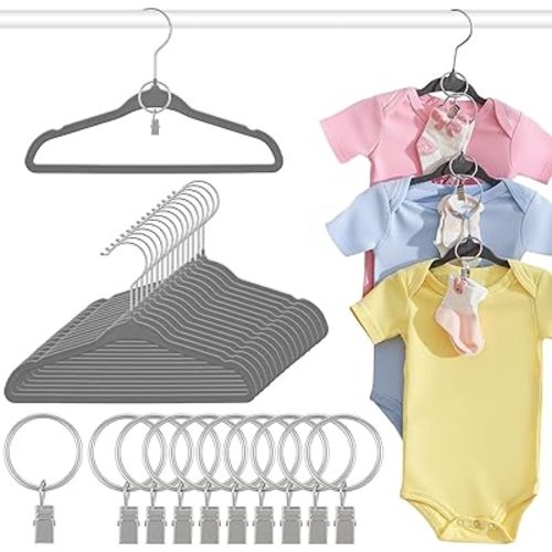 Hsei 25 Pack Baby Velvet Hangers with Ring Clips 11.02 Inch Baby Clothes Hanger for Socks Kids Felt Hangers for Closet, Space Saving Toddler Clothes Hanger for Infant Toddler