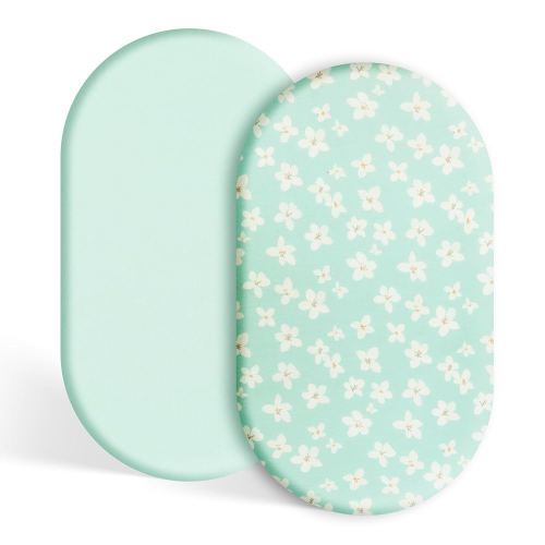 TILLYOU Baby Bassinet Sheets for Girls Boys, Fit for Hourglass Oval Rectangle Bassinet Mattress Sheets, 33”X16”, 2 Pack Fresh Flowers and Light Green