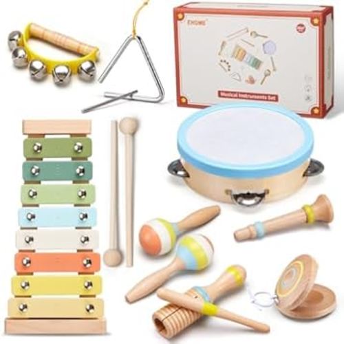 Baby Musical Instruments Set Montessori Wooden Music Toys for Toddlers 3 4 5 Neutral Color Percussion Music Kit with Drum, Xylophone,Storage Bag, Birthday Preschool Learning Gift for Boys Girls