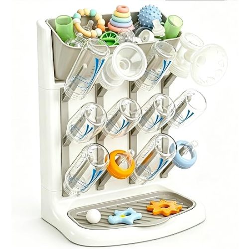 GoMaihe Baby Bottle Drying Rack: Space Saving Vertical Bottle Dryer Holder - The Large Top Compartment Storage Stand Organize Brushes Pacifiers on Countertop - BPA-Free - Gray