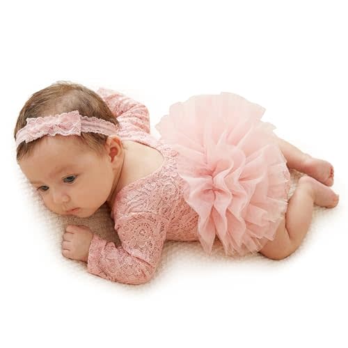 Newborn Photography Props Newborn Lace Romper Set with Matching Headband – Infant Baby Girl Outfit for Photoshoot