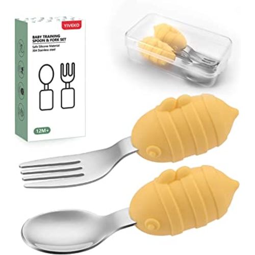 Baby Fork and Spoon Set with Carry Case Baby Training Utensils Self Feeding Toddler Silverware Silicone and Stainless Steel Kids and Toddler Utensil Set-Bees