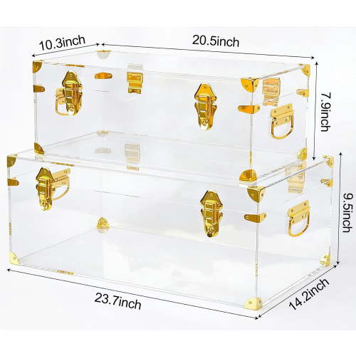 Vixdonos Acrylic Storage Chest Decorative Trunk Set of 2 Keepsake Box College Dorm Organizer with Hardware Hasps and Handle for Home Deocr,23.7X14.2X9.5 Inches,Clear