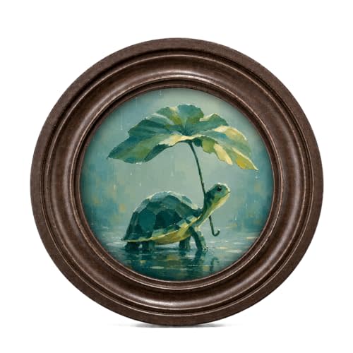 MOCHPEN Turtle Leaf Umbrella Round Wall Art Decor, Cute Animal Painting Artwork, Whimsical Wall Decoration for Bedroom Living Room Nursery Gallery, 5.7x5.7 Inch