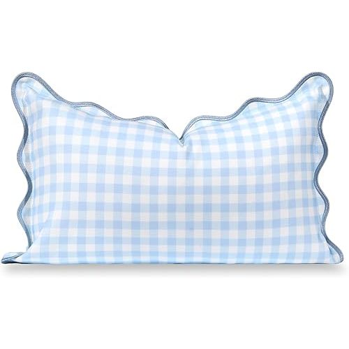 Hofdeco Premium Coastal Hampton Scalloped Patio Indoor Outdoor Lumbar Pillow Cover Only, 12"x20" Water Repellent for Backyard, Couch, Poolside, Baby Blue Print Gingham