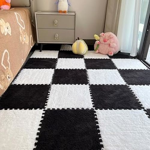 12 Pcs Plush Foam Interlocking Carpet Tiles,Soft Shaggy Fluffy Floor Area Rugs with Padding,Colorful Floor Protective Mats for Home Kids Room Playroom (White and Black, 11.8 x 11.8 x 0.39)