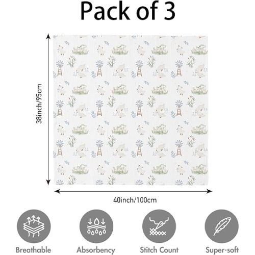 Muslin Swaddle Blankets for Newborn, 3 Pack Breathable Soft Receiving Blanket, Large 38 x 40 inches Swaddle Wrap Burping Clothes Diapers, Essentials Infant Shower Items, Toddler Gift (Cute Country)