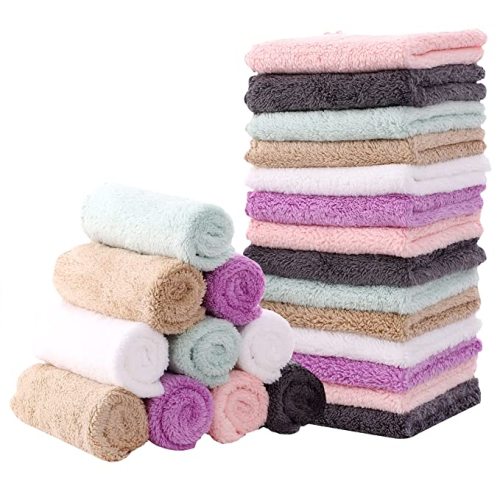 MOON PARK Baby Washcloths, 24 Pack - 8x8 Inches, Small Burp Cloths and Baby Wipes - Microfiber Coral Fleece Ultra Absorbent and Soft for Newborn, Infant and Toddlers - Multicolored - 8x8 Inch (Pack of 24)