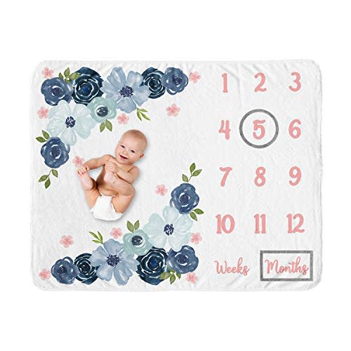 Sweet Jojo Designs Watercolor Floral Girl Milestone Blanket Monthly Newborn First Year Growth Mat Baby Shower Memory Keepsake Gift Picture - Navy Blue and Blush Pink Boho Shabby Chic Rose Flower