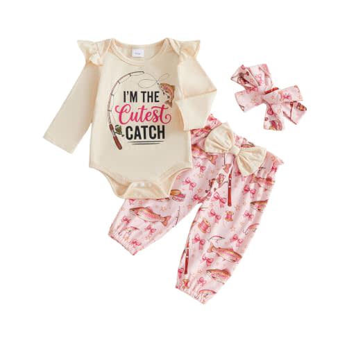 Baby Girl Fishing Outfit Fish Shirt Romper Pants Set Fall Clothes | Newborn Baby Girl Clothes Fishing,Long Sleeve Fishing Romper,Fish Print Long Pants Set with Headband,Infant Fall Outfits