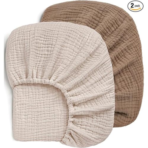 Pro Goleem Muslin Crib Sheets, 100% Cotton Crib Sheets for Boy Girl, 2 Pack Breathable Soft Neutral Baby Bed Sheets Set, Fits Standard Crib Mattress & Toddler Mattress 52"x28", (Brown＆Beige)