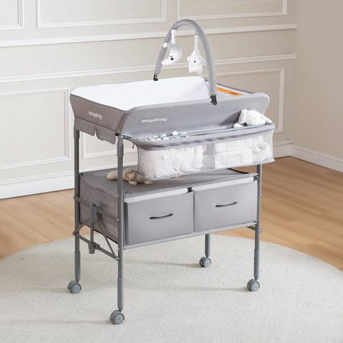 Maydolly Baby Changing Table, Portable Folding Changing Table with Wheels, Waterproof and Adjustable Height, Premium Diaper Changing Station with Two Drawers, Mobile Nursery for Newborn (Grey)