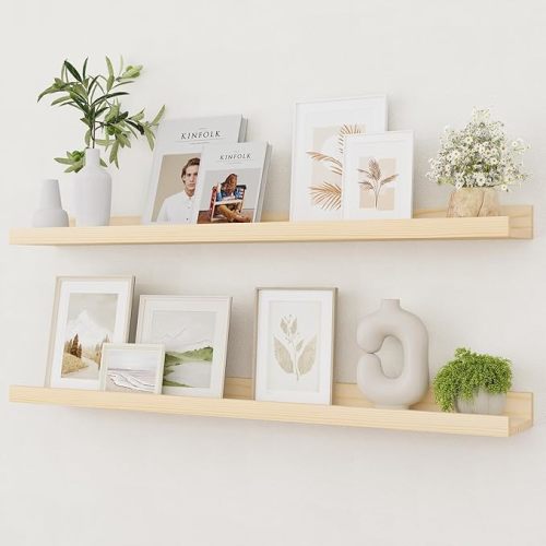 Vivelove Picture Ledge Shelf, Solid Pine Wood Rustic Floating Shelves for Wall, 36 Inch Long Floating Shelves with Lip for Bedroom Kitchen Living Room Nursery Display, Set of 2 (Natural)