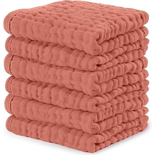Comfy Cubs Muslin Baby Washcloths 6 Pack - Soft 6-Layer Cotton Wash Cloths for Sensitive Skin - 10"x10" Large, Gentle, Absorbent Infant Essentials for Newborn and Toddlers - Dusty Rose
