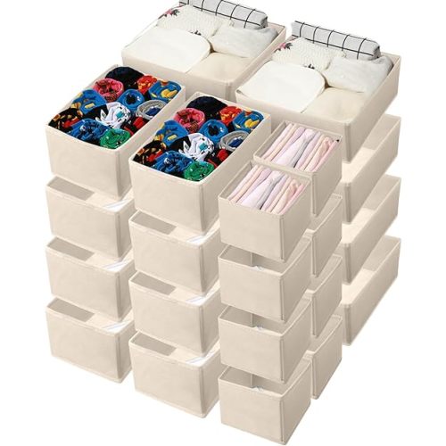 24 Set Nursery Clothes Dresser Drawer Organizer Dividers, Fall Christmas Home Bins Fabric Foldable Closet Clothing Wardrobe Storage Box Container Basket for Bras Socks Underwear(Beige)
