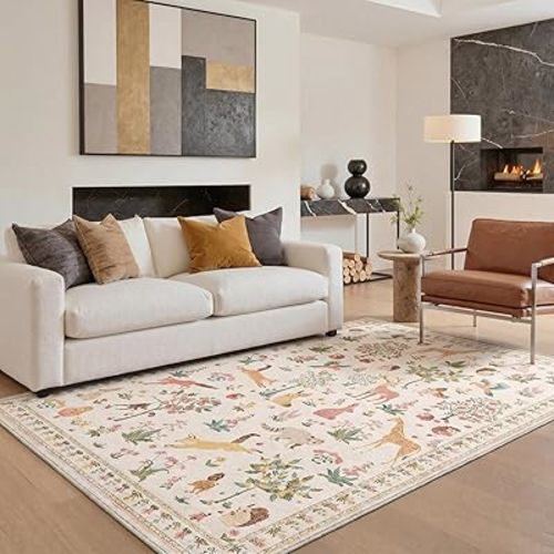 Washable Rugs 5x7, Soft Animal Print Ultra-Thin Low Pile Carpet, Non-Slip Stain Resistant Floral Pet Friendly Woodland Jungle Rug for Playroom Living Room Bedroom Entryway, Cream