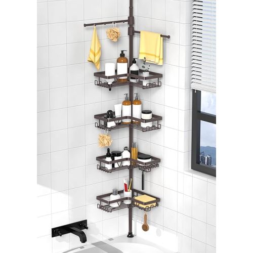KEGII Shower Caddy Tension Pole with 2 Towel Bars, Adjustable Corner Bathroom Organizer, Rustproof Bathtub Storage Shelves for Shampoo, 25–114.2 Inch Shower Corner Rack for Renters & Family, Bronze