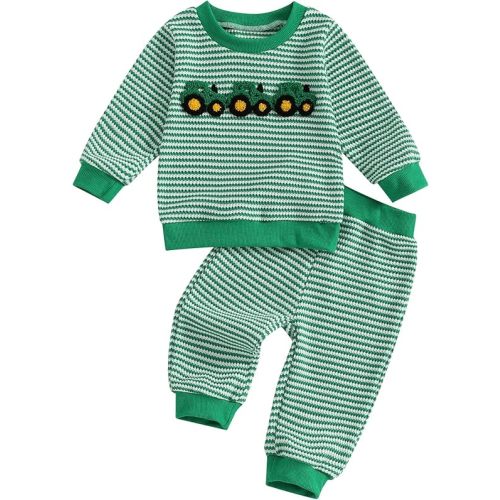 fhutpw Baby Toddler Boy Girl Fall Winter Clothes Embroidery Stripe Pullover Pants Sets Infant Long Sleeve Sweatshirt Outfits
