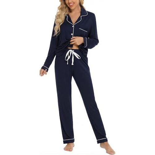 Leikar Button Down Pajamas for Women Soft Viscose Sleepwear Long Sleeve Pjs Set Maternity Nursing Postpartum Loungewear