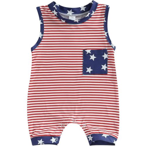 Twopumpkin Newborn Baby Boy Girl 4th of July Outfit American Flag Romper Sleeveess Jumpsuit Memoroal Day Patriotic Clothes