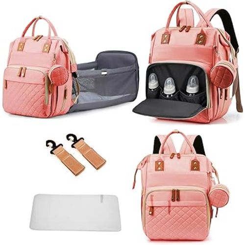 Diaper Bag Backpack with Changing Station Portable 3 in 1 Multifunction Backpack Travel mommy bag Stroller Pink