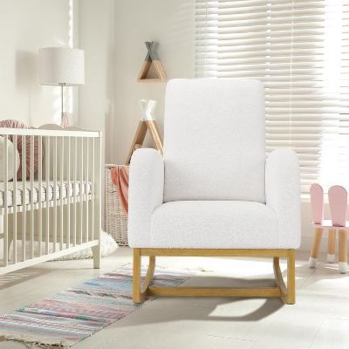 Acekool High-Back Rocking Chair with Armrests, Modern Upholstered Rocker Chair for Nursery, White/Dark Gray/Light Gray