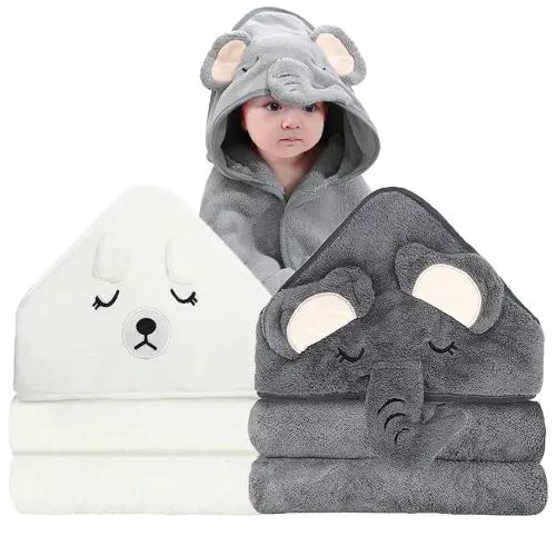 2 Pack Hooded Baby Towels - Premium Ultra Soft Organic Baby Bath Towel – Absorbent and Hypoallergenic Towels for Baby Boy Girl, Toddler, Newborn Essentials (Elephant & Bear)