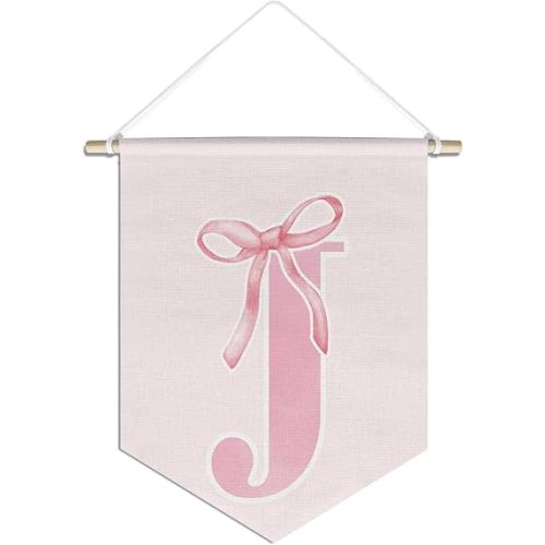 initial Personalized Preppy Canvas Hanging Pennant Flag Banner, Coquette Pink Bow Teen Girl Gifts,Trendy Cute Monogrammed Gifts Wall Decor for Women Teen Girl Nursery bedroom(J)