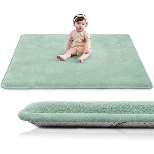 Baby Play Mat for Floor,1.3" Thick Elasti-Foam 50"×50" Playpen Mat for Tummy Time,Non-Toxic Certified Water Repellent Soft Coral Velvet for Infant,Kids,Non-Slip Backing Safe for Crawling(Sage Green)