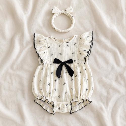 Baby Girl Bow Print Romper Set, Black Front Bow, Ruffle Sleeves, Matching Headband