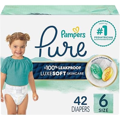 Pampers Pure Baby Diapers, Size 6 (35+ lbs), 108, Up to 100% Leakproof, Premium Hypoallergenic Soft Diapers