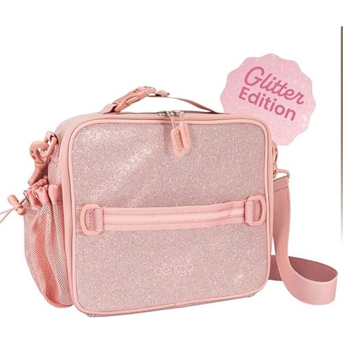 Bentgo Kids Lunch Bag - Double-Insulated, Reusable Lunch Bag for Kids 3+ with Adjustable Strap; Holds Lunch Box/Water Bottle/Snacks; Easy-Clean, Water-Resistant & Pockets (Glitter - Petal Pink)