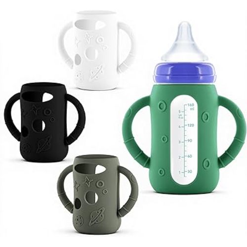 4-Pack Silicone Sleeves for Lansinoh Glass Bottles 5 oz-Starry Sky Design Baby Bottle Holder with Handles,Protectors for Lansinoh Natural Wave Glass Bottles, Anti-Scald Feeding Supplies