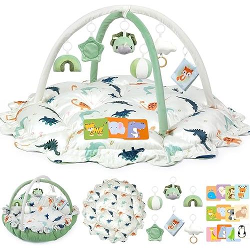 5-in-1 Baby Gym Play Mat with Cartoon Pattern, Extra Thick Plush Tummy Time Activity Gym with Hanging Toys, Sensory Development & Motor Skills Training Floor Mat, Dinosaur