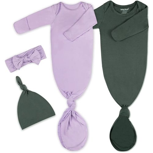 2Pk Newborn Baby Knotted Gown, Super Soft Silky Infant Long Sleeve Sleeper for Baby Sleeping with Hat or Headband (2 Packs)
