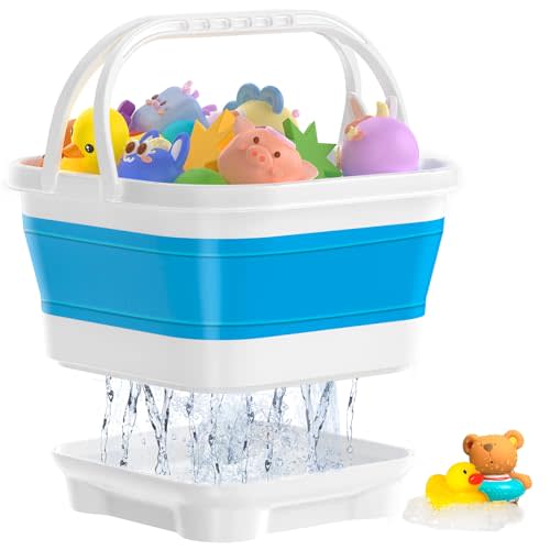 Anivia Foldable Bath Toy Storage Organizer with Removable Base, Blue | Stand up silicone bath toy bin for kids; quick-drain design, easy cleaning, compact storage, and a gift for new parents