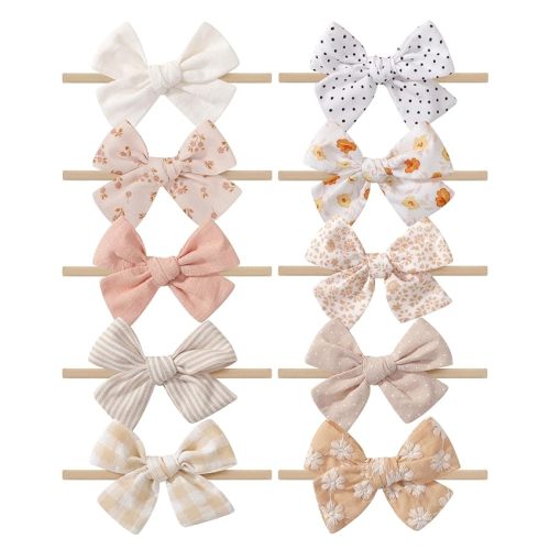 doboi 10PCS Baby Girls Headbands Hair Bows Nylon Cotton Linen Hairbands Fine Handmade Hair Accessories for Newborn Infant Toddlers Little Girls-Solid Plaid Stripe Polka Dot and Flowers